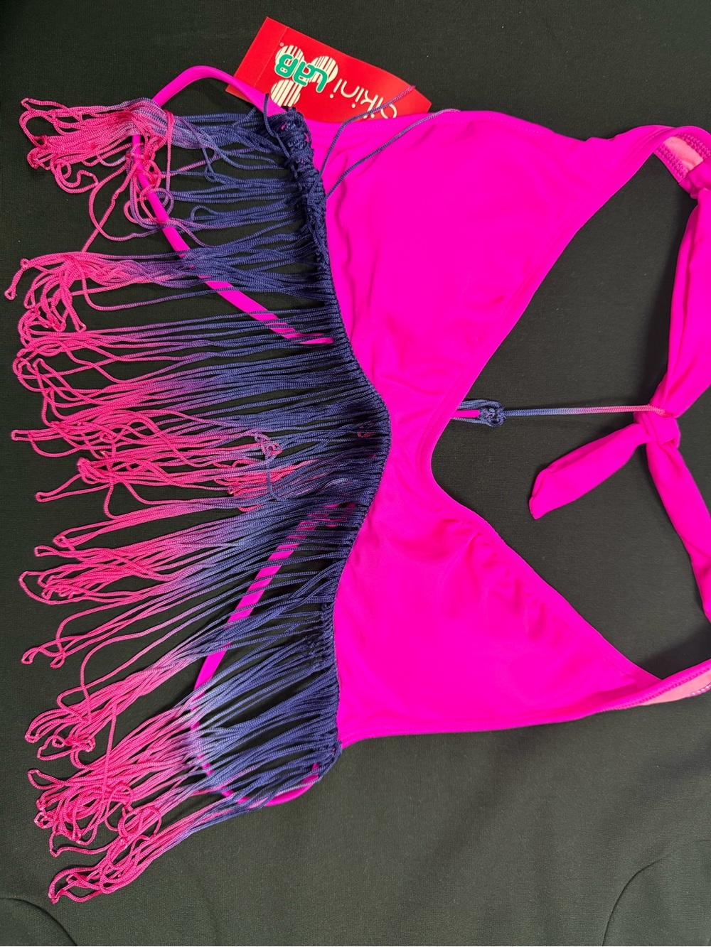 The Bikini Lab Hot Pink Bikini Top with Navy-to-Pink Ombre Fringe